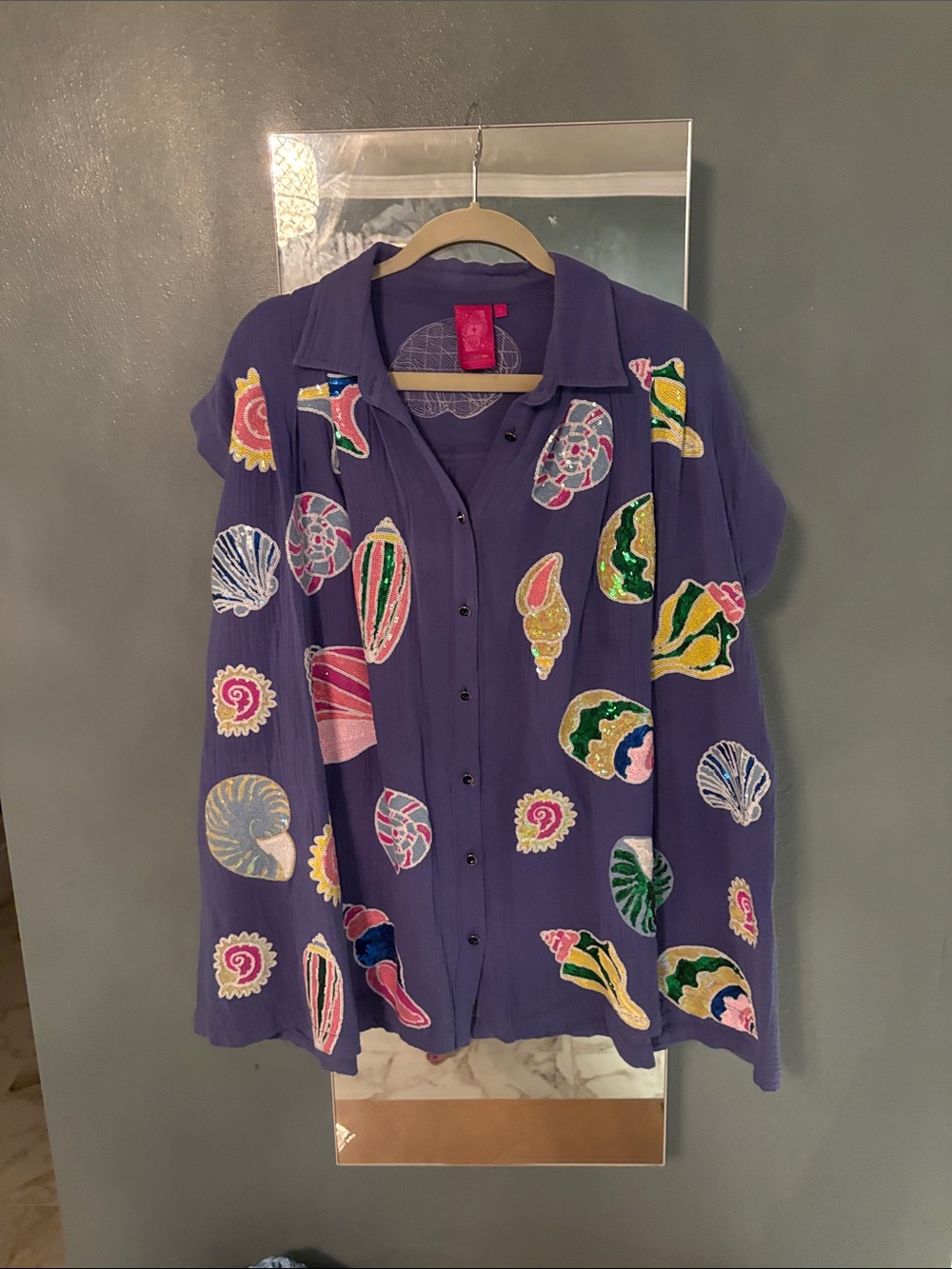BlueEmbroidered Shell Print Button-Up Shirt